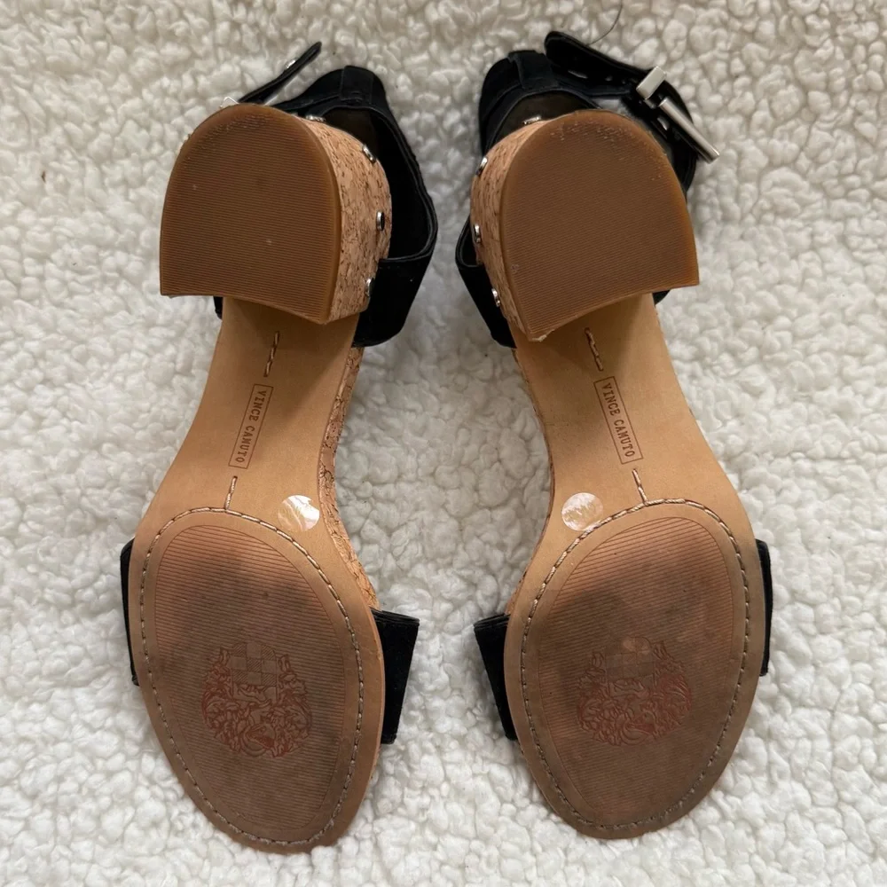 Vince Camuto Baeden Ankle‎ Strap Sandle Womens Size 6 Black Studded Cork  Heel